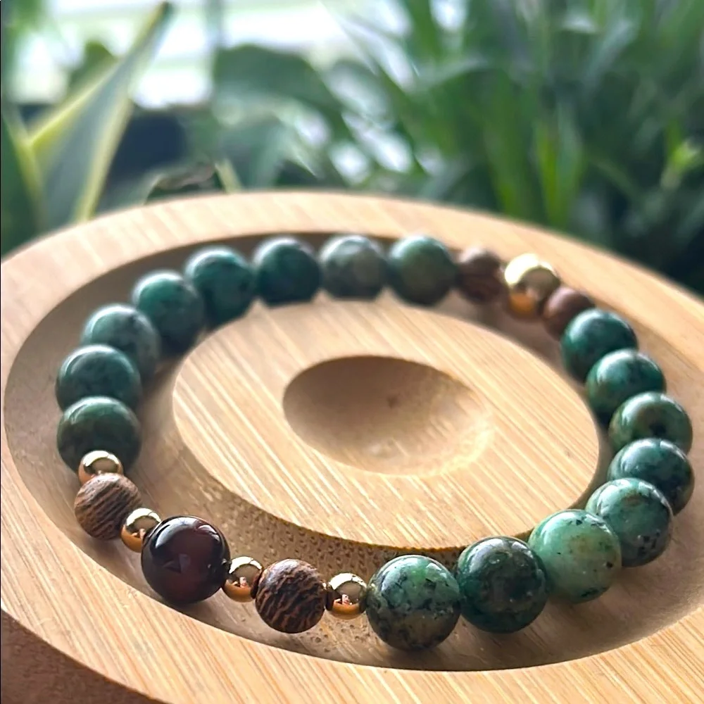 Handmade African Turquoise + African Wood Brad + Red Tigers Eye Beaded Bracelet
